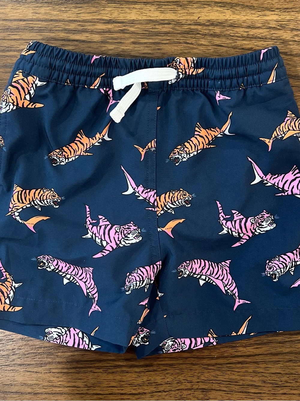 Kids Chubbies Navy Swim Trunks with Pink & Orange Tiger Shark Print